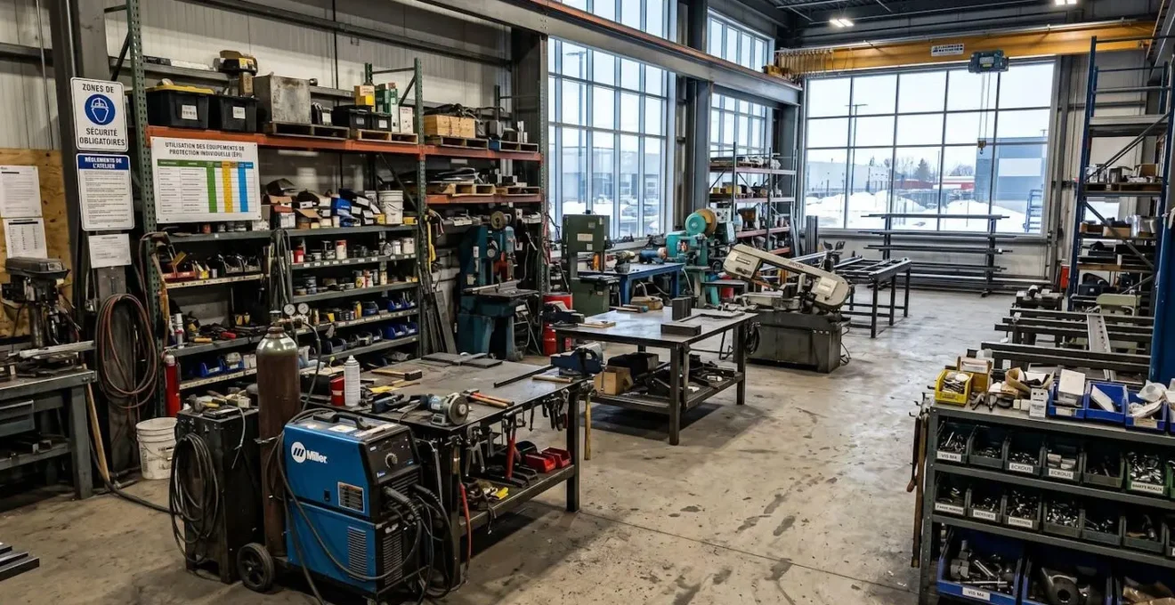 Atelier professionnel moderne avec équipements et outils spécialisés organisés sur établis et étagères métalliques avec lumière naturelle abondante