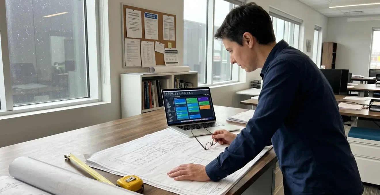 Professionnel vu de dos analysant des plans de construction et documents techniques étalés sur un bureau de travail avec lumière latérale naturelle