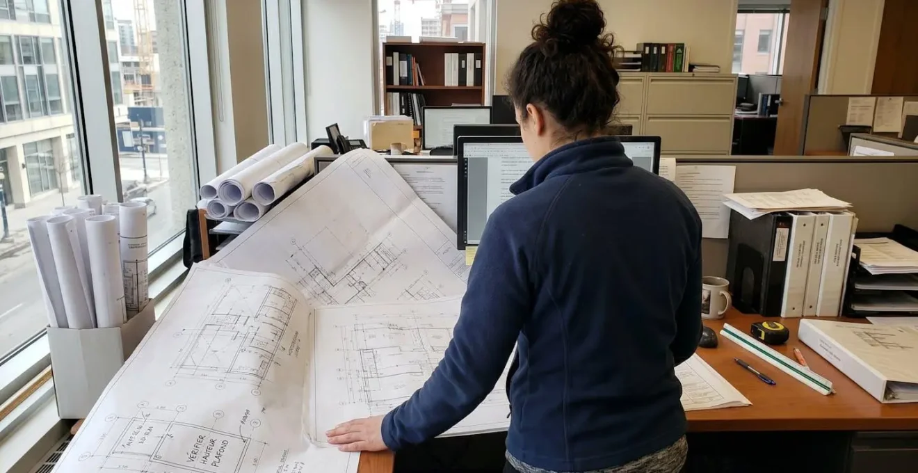Professionnel vu de dos analysant des plans de construction et documents techniques étalés sur un bureau de travail avec lumière latérale naturelle