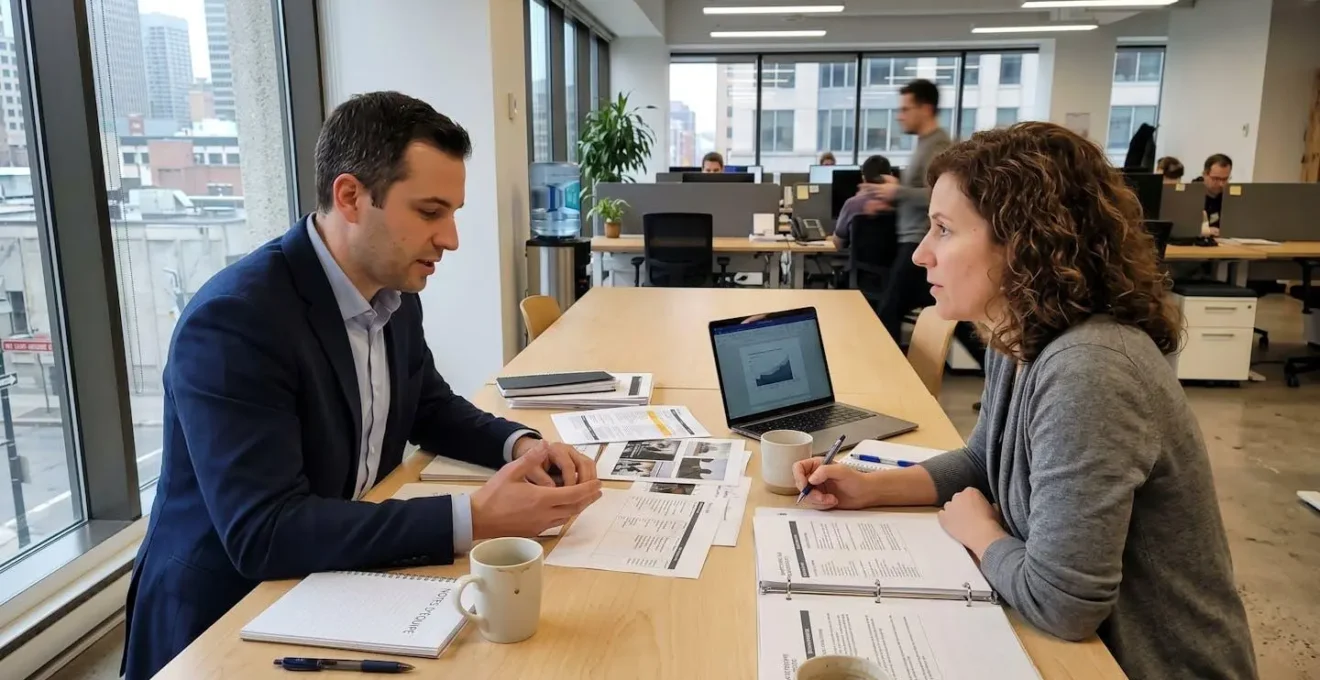Deux professionnels en discussion de profil analysent des documents d'assurance commerciale sur une table de bureau moderne avec lumière naturelle