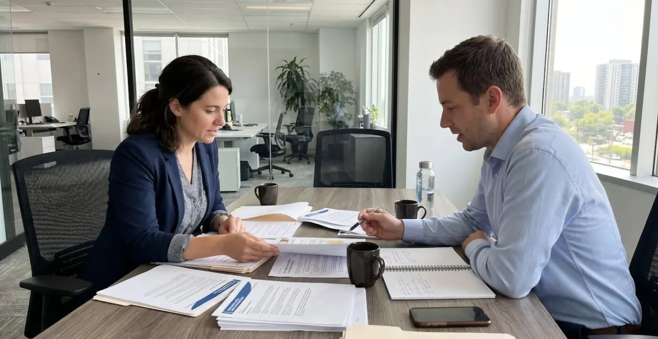 Deux professionnels en discussion de profil analysent des documents d'assurance commerciale sur une table de bureau moderne avec lumière naturelle