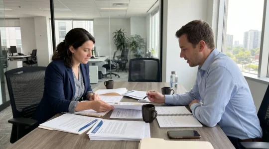 Deux professionnels en discussion de profil analysent des documents d'assurance commerciale sur une table de bureau moderne avec lumière naturelle