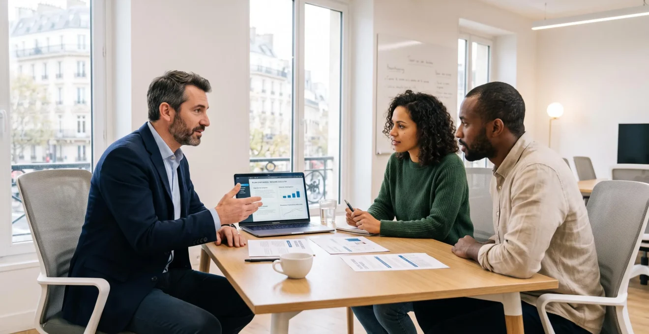 Banquier spécialisé Tech & Innovation conseillant deux fondateurs de start-up lors d'une session stratégique dans un espace dédié innovation, avec business plan ouvert sur ordinateur et documents financiers sur table moderne