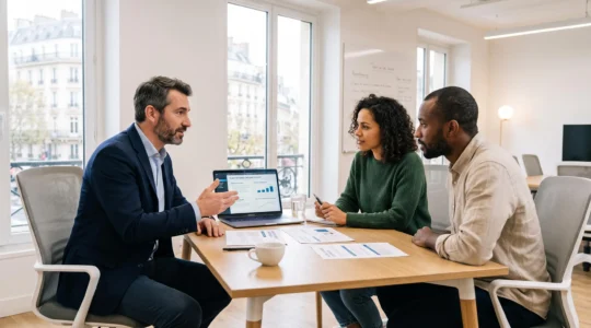 Banquier spécialisé Tech & Innovation conseillant deux fondateurs de start-up lors d'une session stratégique dans un espace dédié innovation, avec business plan ouvert sur ordinateur et documents financiers sur table moderne