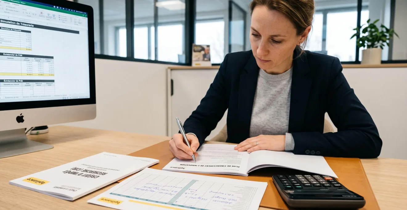 Conseillère bancaire spécialisée analysant un dossier de financement innovation Bpifrance avec business plan et simulation financière sur écran
