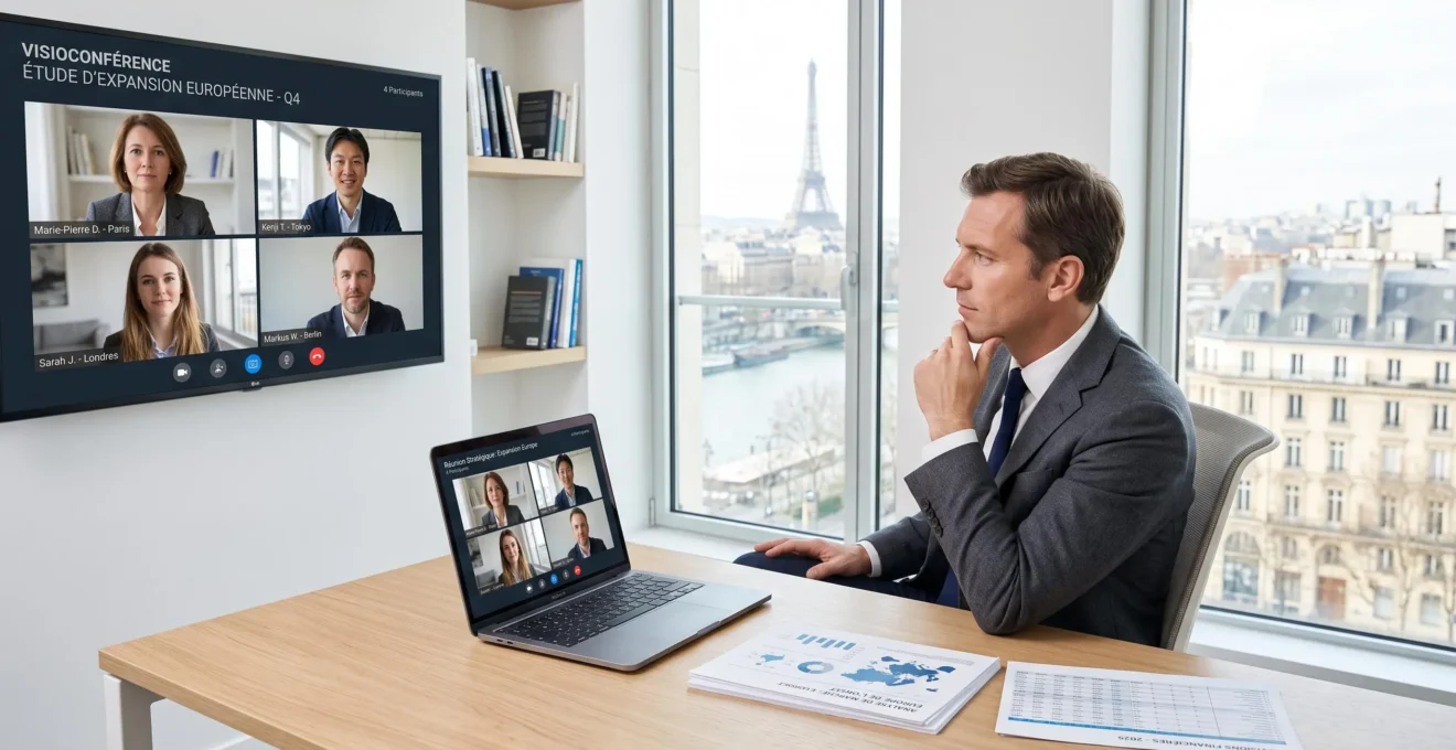 Dirigeant de scale-up tech en visioconférence stratégique multi-pays dans bureau moderne lumineux avec documents d'expansion internationale