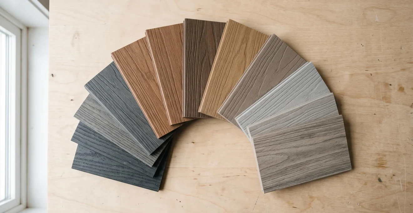 Échantillons de lames de composite et PVC en teintes variées (gris anthracite, brun, gris perle) disposés sur plan de travail d'atelier professionnel