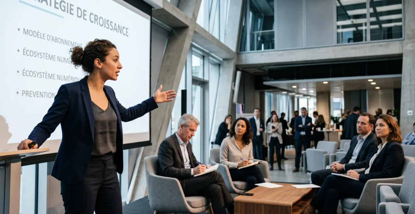 Fondatrice de start-up tech pitchant son projet devant un panel d'investisseurs VC lors d'un événement réseau organisé dans un espace innovation moderne