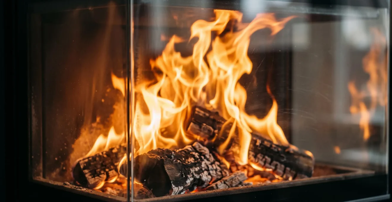 Gros plan sur flammes orange et jaunes vives brûlant derrière le vitrage céramique large d'un poêle à bois panoramique moderne, bûches partiellement consumées visibles