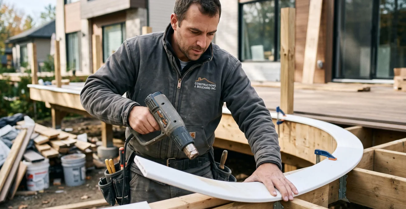 Installateur professionnel façonnant une courbe dans une lame de PVC blanc avec équipement de chauffe sur chantier de patio résidentiel