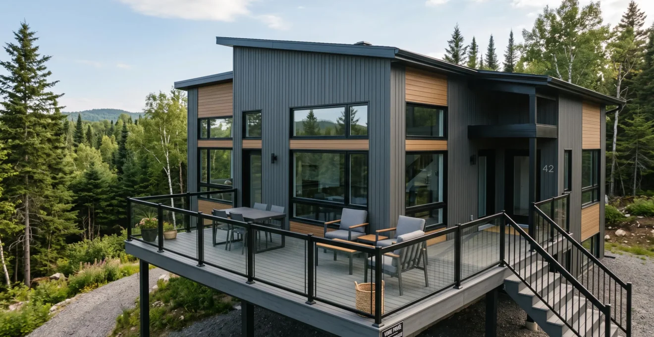 Patio surélevé en composite gris anthracite avec rampe intégrée, harmonisé avec le revêtement contemporain d'une résidence québécoise, végétation mature en arrière-plan