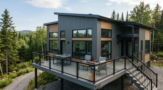Patio surélevé en composite gris anthracite avec rampe intégrée, harmonisé avec le revêtement contemporain d'une résidence québécoise, végétation mature en arrière-plan