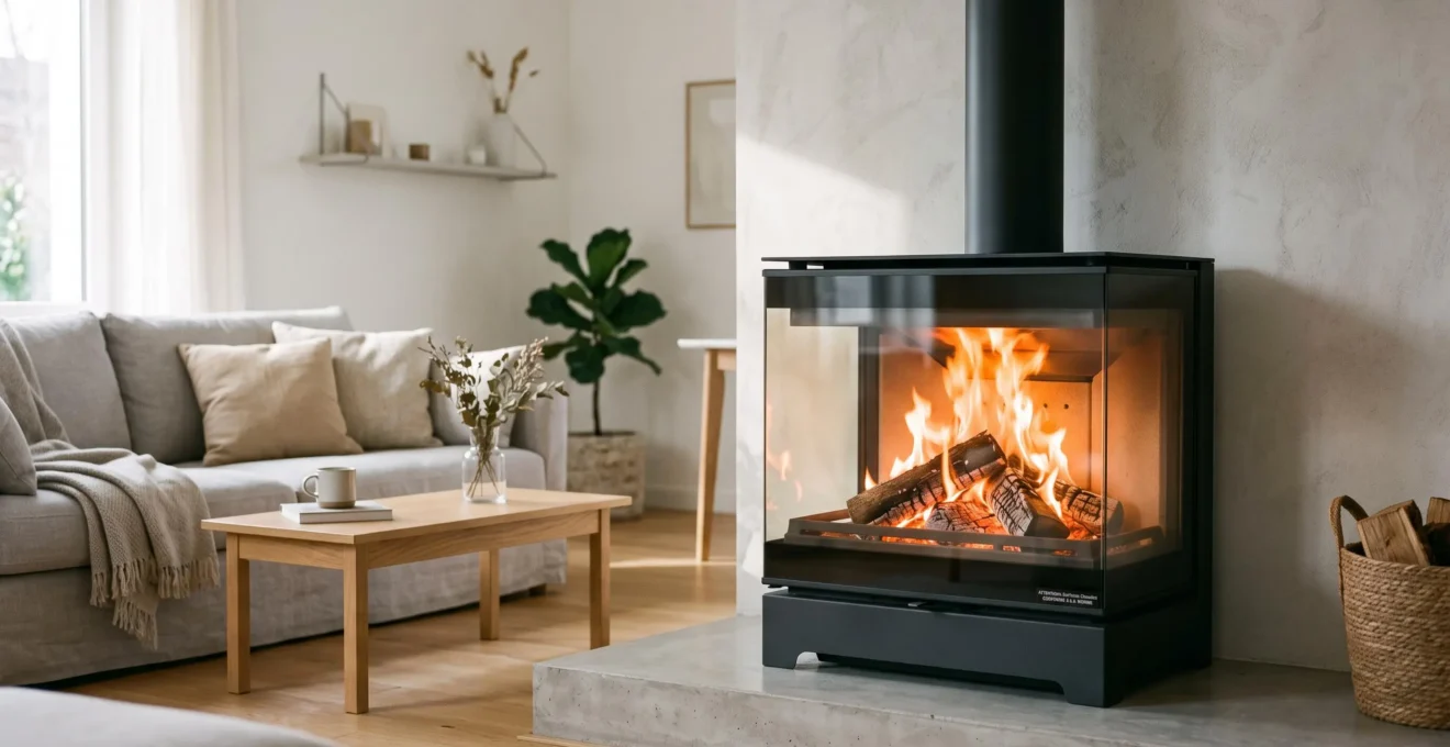 Poêle à bois moderne à trois faces vitrées installé dans un salon contemporain français, feu allumé avec flammes orange visibles à travers le large vitrage panoramique, décor épuré aux tons neutres et lumière naturelle douce