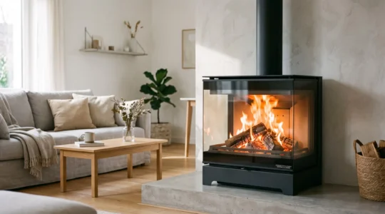 Poêle à bois moderne à trois faces vitrées installé dans un salon contemporain français, feu allumé avec flammes orange visibles à travers le large vitrage panoramique, décor épuré aux tons neutres et lumière naturelle douce