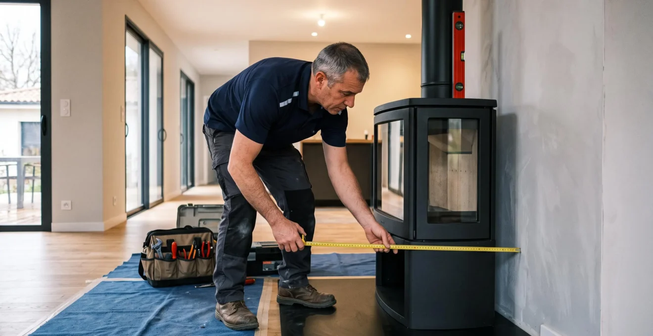 Technicien installateur en tenue de travail vérifiant avec un mètre les distances de sécurité lors de l'installation d'un poêle à bois panoramique dans un intérieur contemporain français, outils professionnels visibles