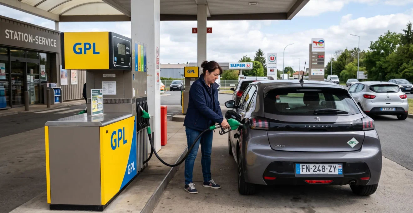 Automobiliste utilisant une pompe GPL dans une station-service française