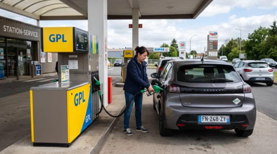 Automobiliste utilisant une pompe GPL dans une station-service française