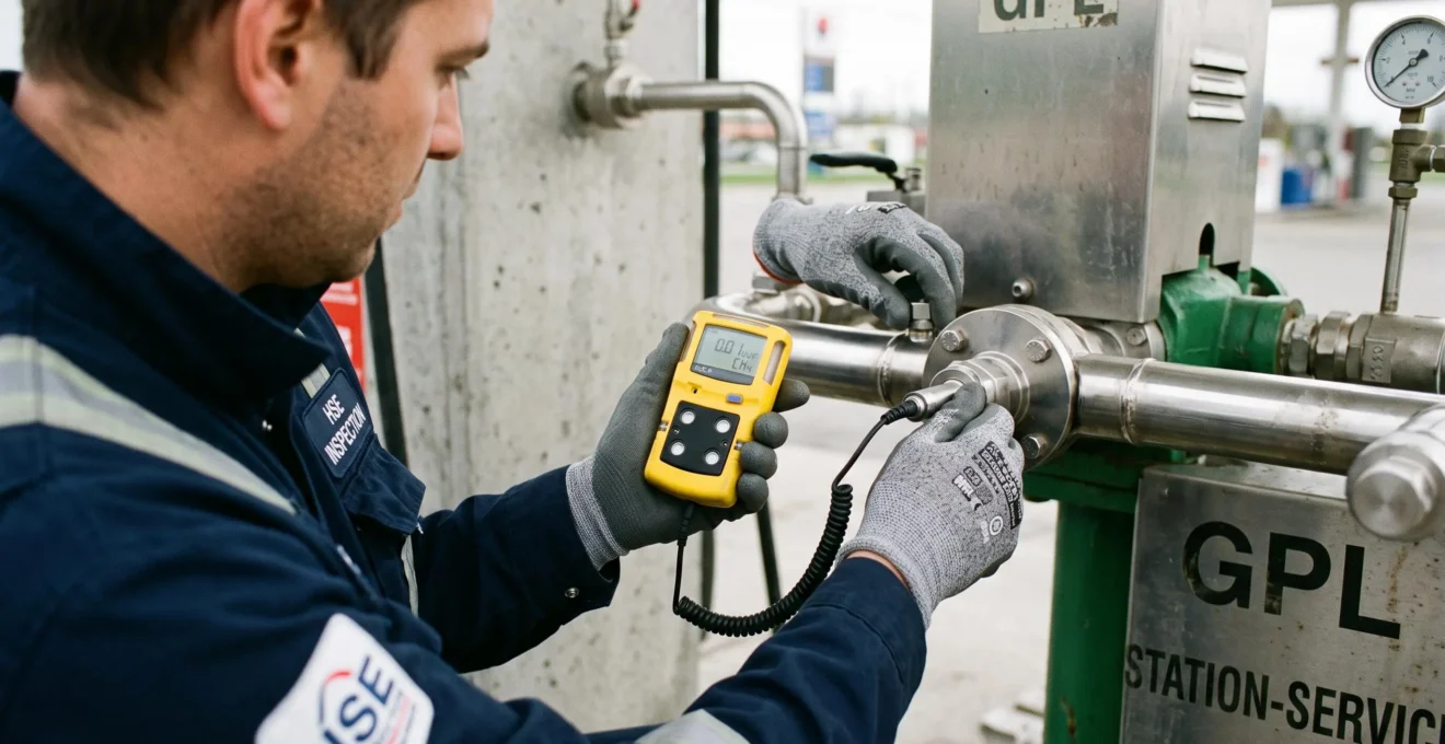 Technicien effectuant un contrôle de sécurité sur une installation GPL avec appareil de mesure