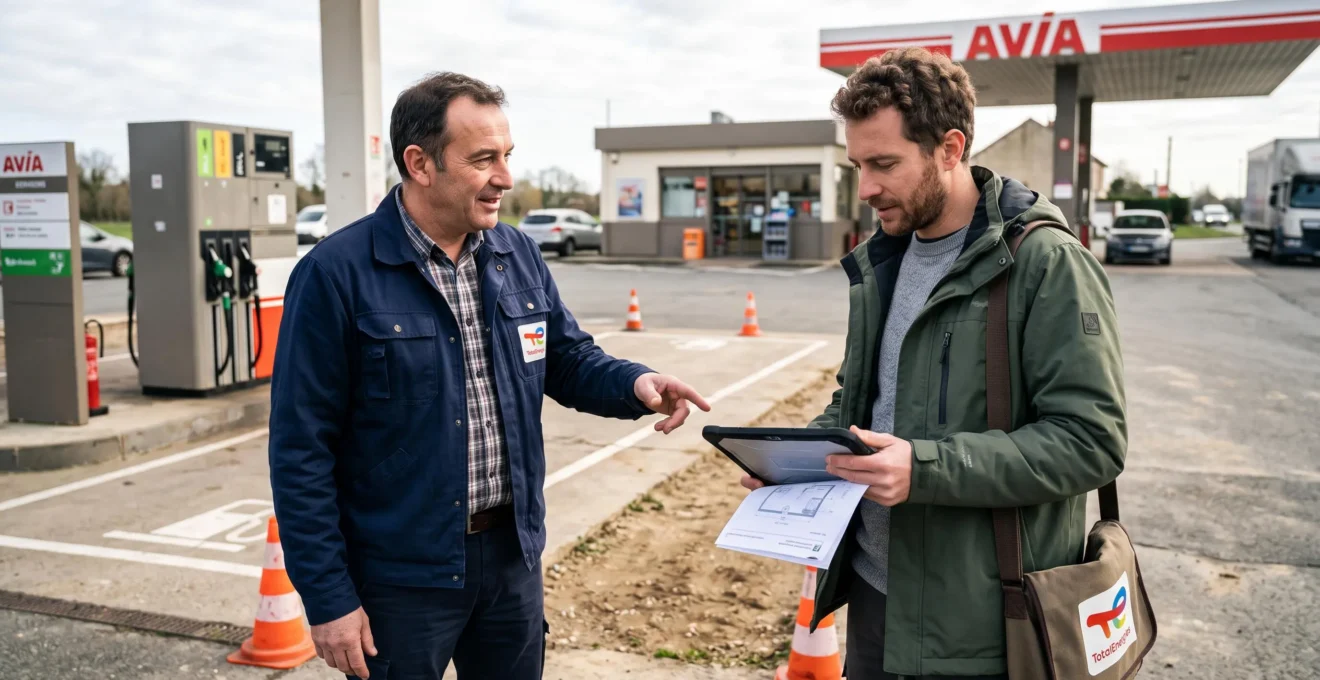 Gérant de station-service et conseiller GPL discutant du projet d'installation sur site
