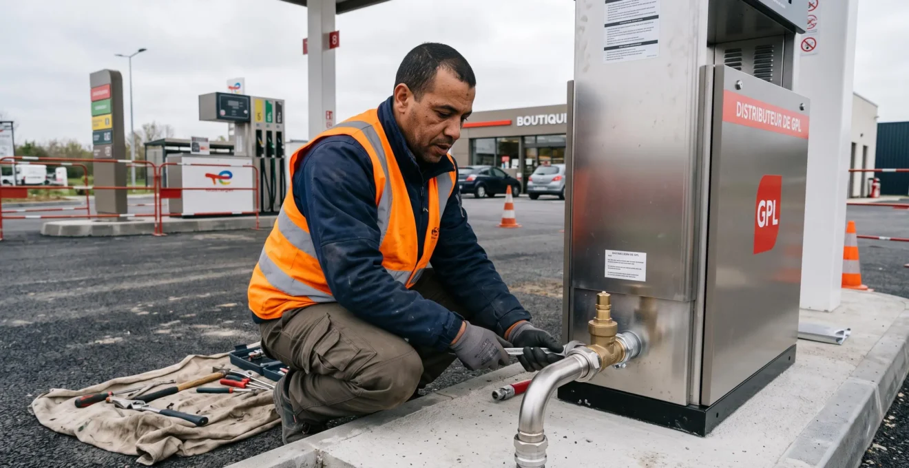 Technicien installant un système de pompe GPL dans une station-service